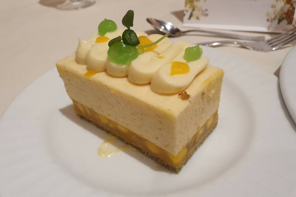 An Irwin mango mousse green tea sponge cake, made using Taiwan Irwin mango preserves.